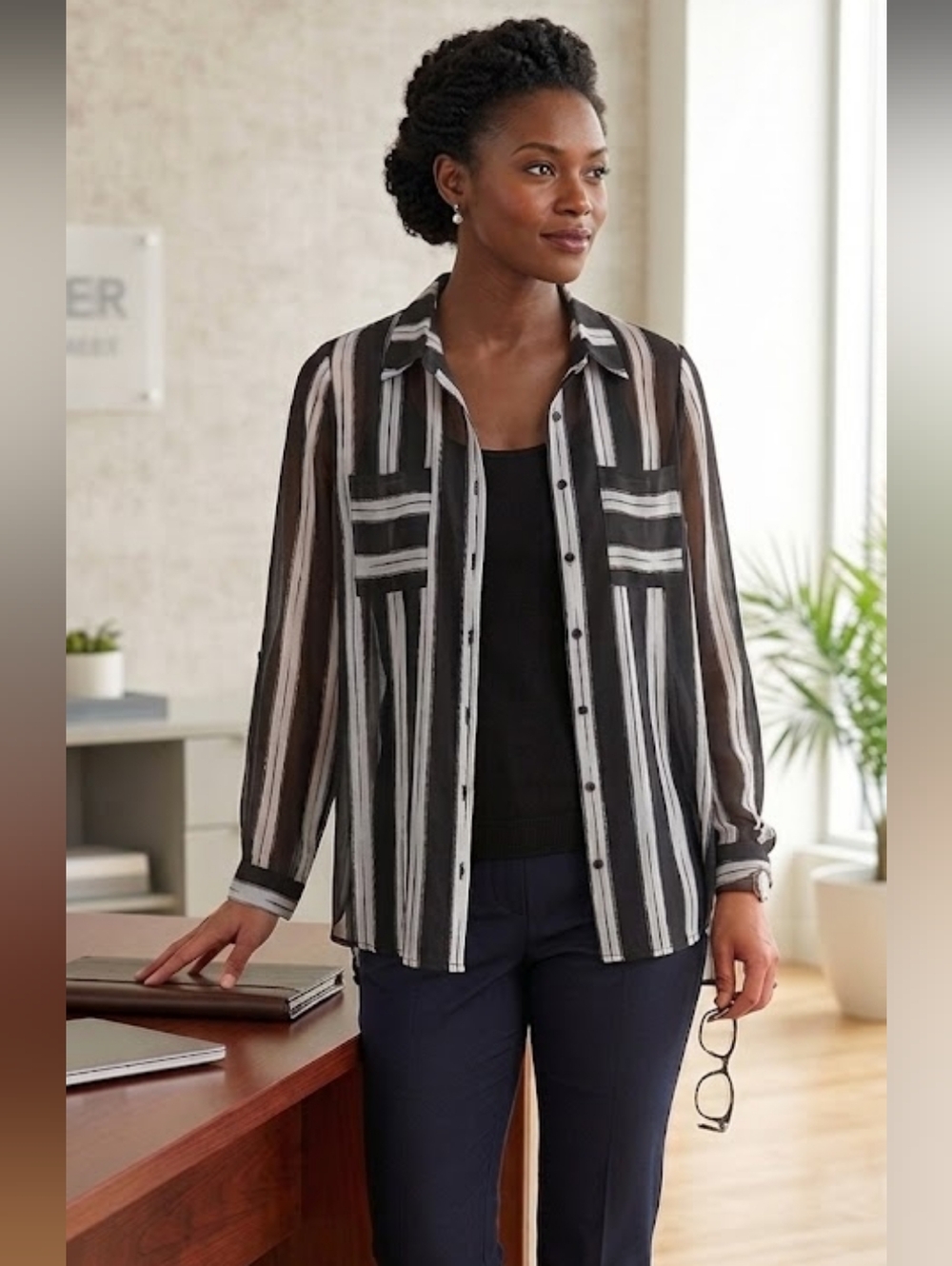 Reitmans Black and White Striped Sheer Blouse